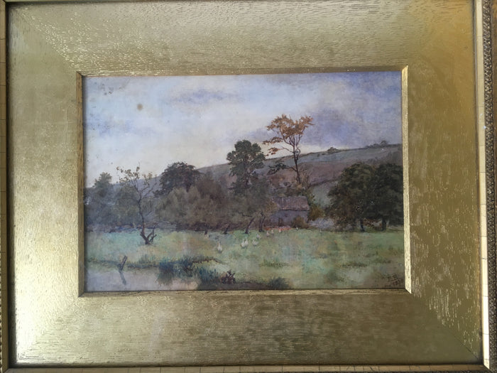 Antique English Leicester Watercolor painting  c.1878 by Elizabeth Pilsbury Ducks and pond