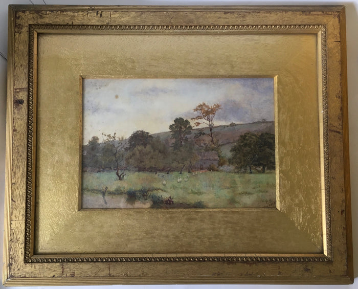 Antique English Leicester Watercolor painting  c.1878 by Elizabeth Pilsbury Ducks and pond