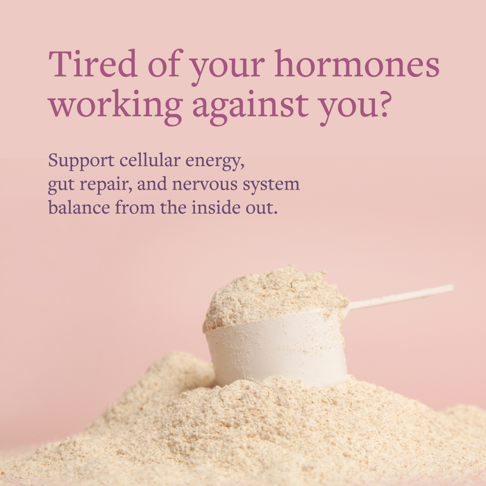 Text about hormone support with a scoop of powder on a pink background