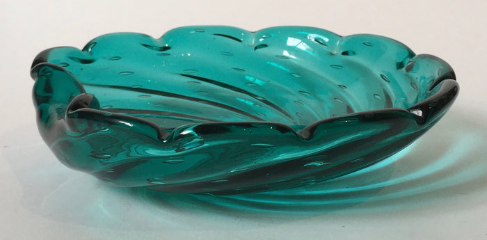 Murano Bowl / Ashtray- Teal Green -  Controlled Bubbles - Polished pontil - Italian Glass