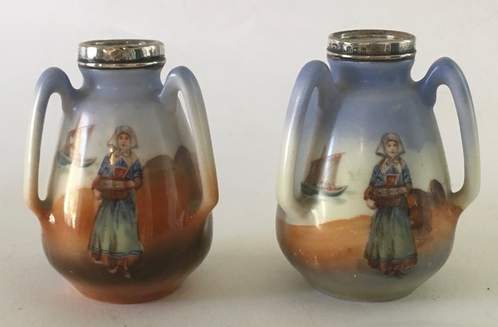 Pair of Royal Bayreuth Bavaria Three handle porcelain vases hallmarked sterling silver rim