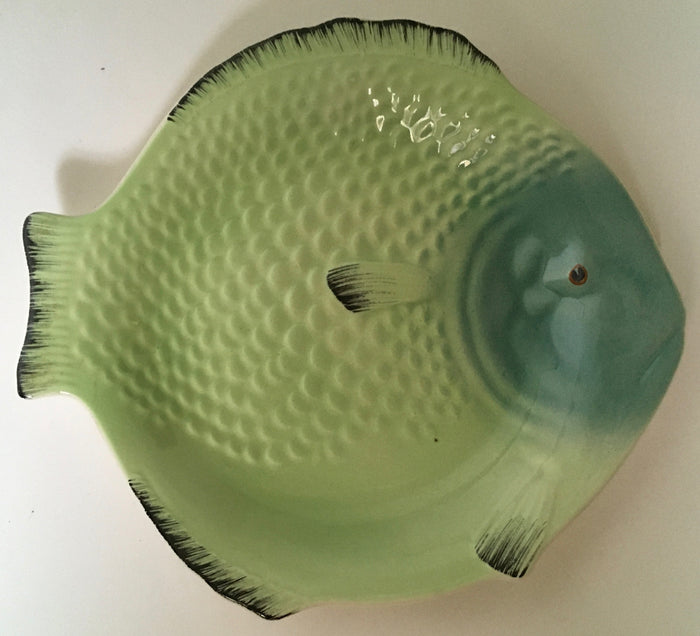 Shorter & Son Fish plate Art deco Clarice Cliff shape 23 cm x 20 cm Gloss Green with black trim