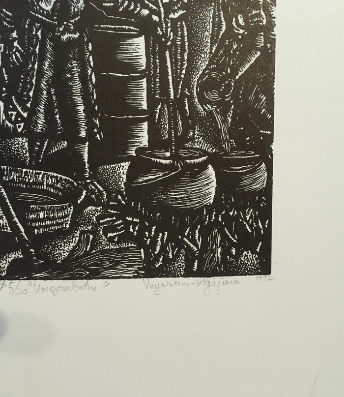 "Umqombothi"- Linocut/woodblock print by Vuyisani Mgijima 1992 edition a/p 5/20
